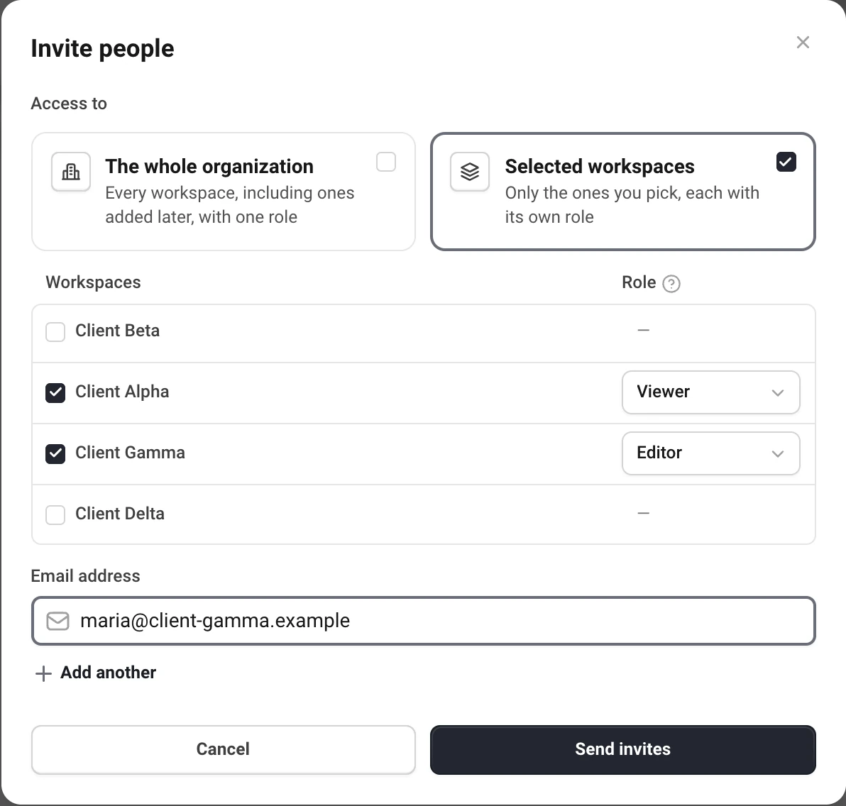 The Invite people window with Selected workspaces chosen: Client Alpha ticked with the Viewer role, Client Gamma ticked with the Editor role, and one email address filled in.